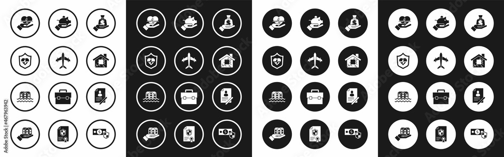 Set Money in hand, Plane, Life insurance with shield, House, Piggy bank, Document and flood icon. Vector Set Money in hand, Plane, Life insurance with shield, House, Piggy bank, Document and flood icon. Vector