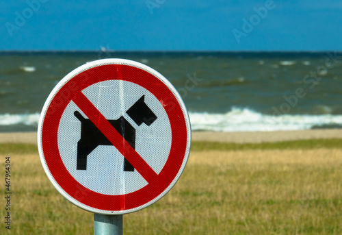 No dogs allowed a signal on the beach. Dogs forbidden. Sign that dogs are prohibited from entering the beach. Red sign no dogs. Netherlands.