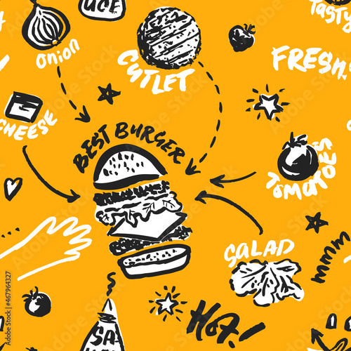 Burger Vector Seamless Pattern. Hand Drawn with a Brush Fast Food Ingredients with Written Names. Design for Cafe Menu Cover, Flyer, Brochure, etc.