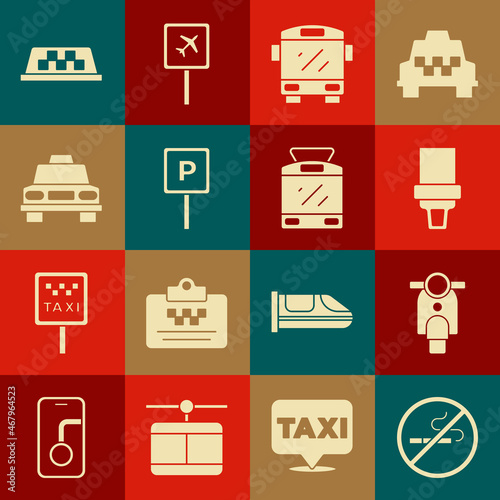 Set No Smoking, Scooter, Safety belt, Bus, Parking, Taxi car, roof and Tram and railway icon. Vector