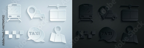Set Taxi call telephone service, Cable car, roof, Folded map with location, Location taxi and Train icon. Vector