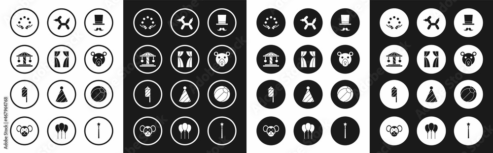 Set Magician, Circus curtain raises, Attraction carousel, Juggling ball, Bear head, Balloon dog, Beach and Firework rocket icon. Vector