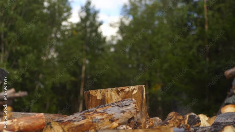 A log shatters under the blow of an axe