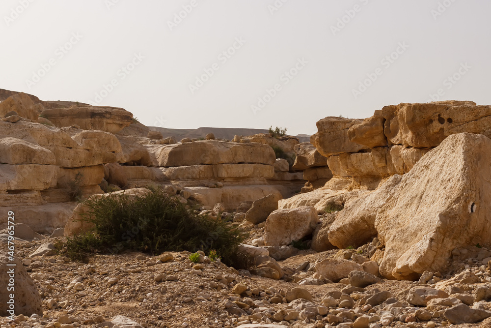 Stone boulders in the Judean Desert in Israel