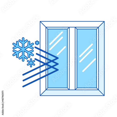 Cold protection with double glazed window. PVC plastic profile. Infographics showing properties.