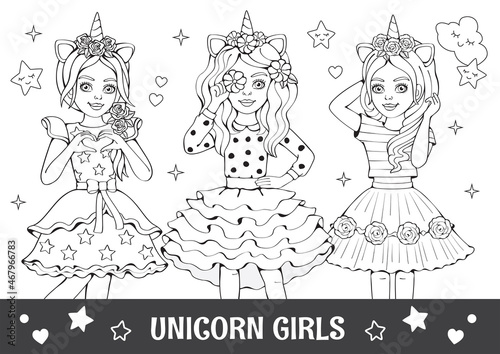 Linear pencil drawing. Antistress coloring book, page. Best friends. Fashion girl in beautiful dress. Unicorn costume. Cute Fairy or princess. Doll or toy. Сartoon сhildren's illustration. Vector. 