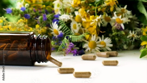 Medicinal herbal extracts and dietary supplements. Selective focus. photo