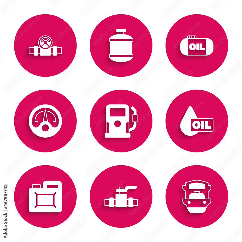 Set Petrol or gas station, Metallic pipes and valve, Oil tanker ship, drop, Canister for motor oil, Motor gauge, storage and icon. Vector Set Petrol or gas station, Metallic pipes and valve, Oil tanker ship, drop, Canister for motor oil, Motor gauge, storage and icon. Vector