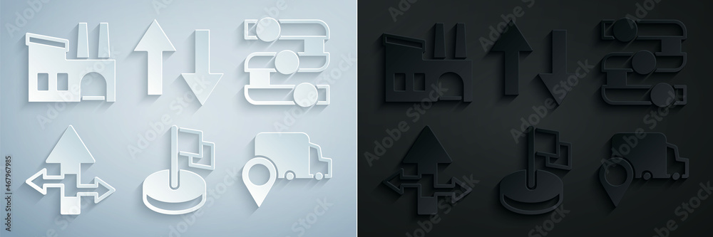 Set Flag, Graph, chart, diagram, Arrow, Delivery tracking, and Factory icon. Vector Set Flag, Graph, chart, diagram, Arrow, Delivery tracking, and Factory icon. Vector