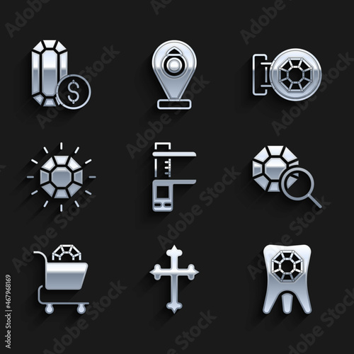 Set Calliper or caliper and scale, Christian cross, Tooth with diamond, Gem stone, Jewelry online shopping, Diamond, store and icon. Vector