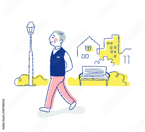 町を散歩しているシニア男性