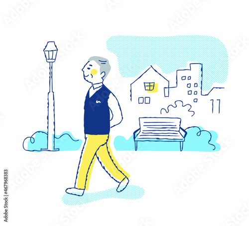 町を散歩しているシニア男性