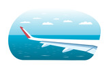 View of the wing of a jet plane flying over the sea. Vector illustration.