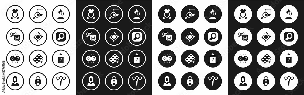Set Female rights, Condom in package, Gender equality, Male gender, Book about women, Debate podium rostrum and icon. Vector Set Female rights, Condom in package, Gender equality, Male gender, Book about women, Debate podium rostrum and icon. Vector