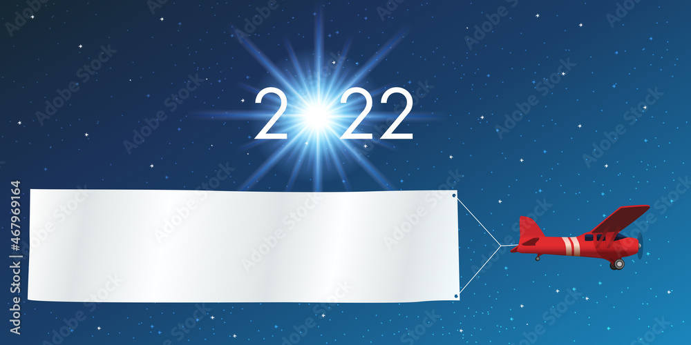 Carte de vœux 2022 montrant un avion rouge tirant une banderole blanche, devant un ciel étoilé. - obrazy, fototapety, plakaty 