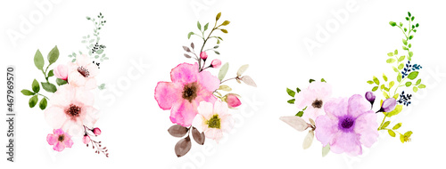 Watercolor pink floral bouquets set