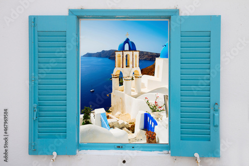 Fototapeta Naklejka Na Ścianę i Meble -  white belfry, Santorini island, Greece