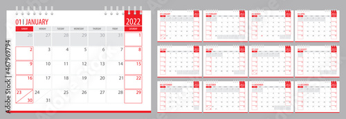 Vector 2022 calendar planner template for office and print, Sunday week start, color illustration