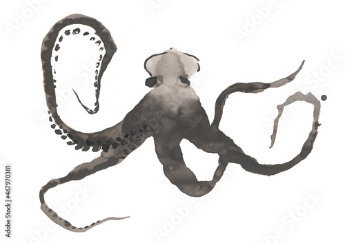 Black Octopus. Watercolor illustration 
