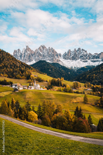 Villnoess, Funes Valley, Autumn, Trentino, Italy. Landmark church
