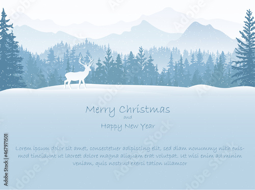 Winter landscape Christmas card. Deer in snow, forest and mountains in the background. Magical misty nature, wildlife. Merry Christmas and Happy New Year. 