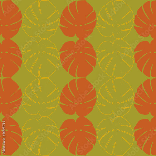 Seamless pattern of dry orange and yellow line of monstera leaves repeat on green background as vector illustration. Fall or autumn season concept wallpaper. Vintage and retro style.