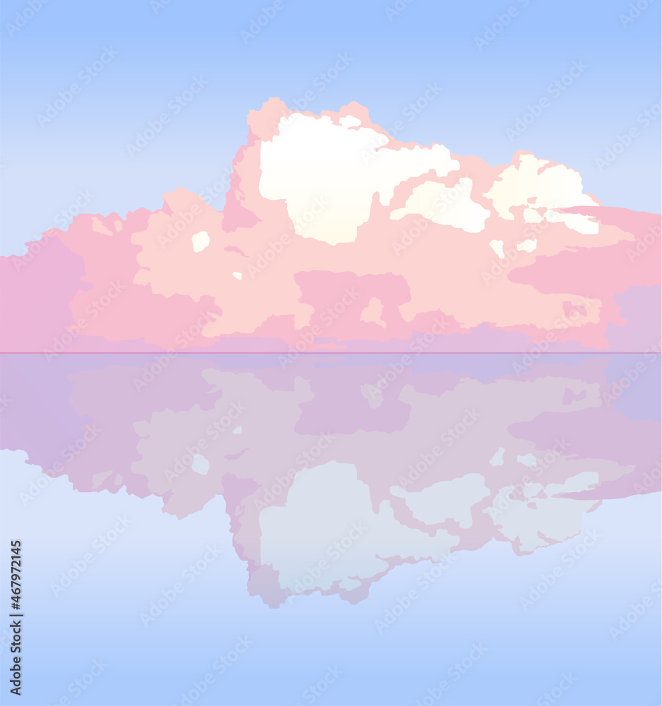 fantasy concept of pink purple color cloud on blue background reflect on the water with copy space. Sweet pastel colorful cloudscape layer as vector illustration.