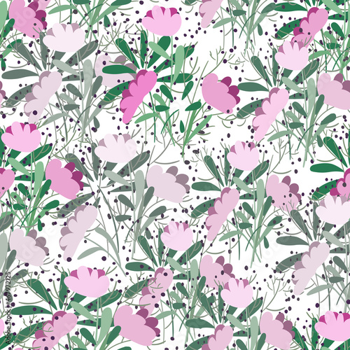 Beautiful lilac flowers in a naive style. Seamless floral pattern on a white background. Vector illustration. Used for printing wallpapers, fabrics, packaging, etc.