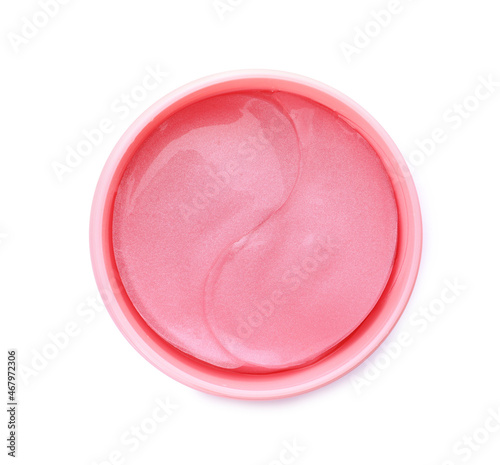 Under eye patches in jar isolated on white, top view. Cosmetic product