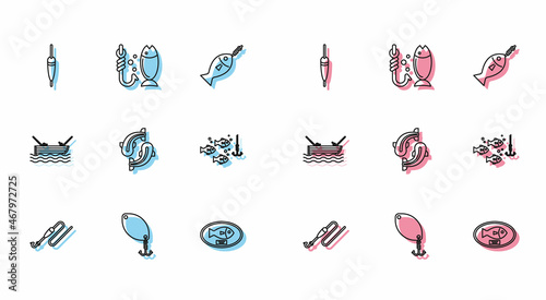 Set line Fishing line with hook and float, spoon, trophy hanging the board, under water fish, boat fishing rod and icon. Vector