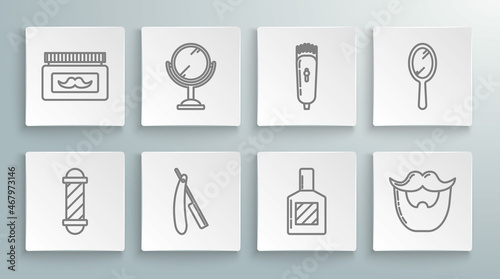 Set line Classic Barber shop pole, Hand mirror, Straight razor, Aftershave, Mustache beard, Electrical hair clipper shaver, and Cream lotion cosmetic jar icon. Vector