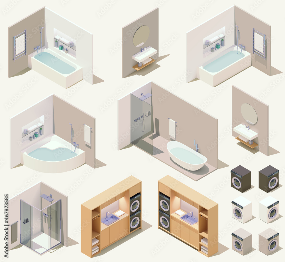 Vector isometric bathroom furniture and plumbing fixtures. Bathroom equipment and sanitary hardware. Bathtub, toilet, washbasin, faucet, shower, sink Vector isometric bathroom furniture and plumbing fixtures. Bathroom equipment and sanitary hardware. Bathtub, toilet, washbasin, faucet, shower, sink