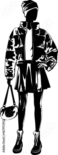 Black and white image of a girl in a down jacket with a handbag vector illustration