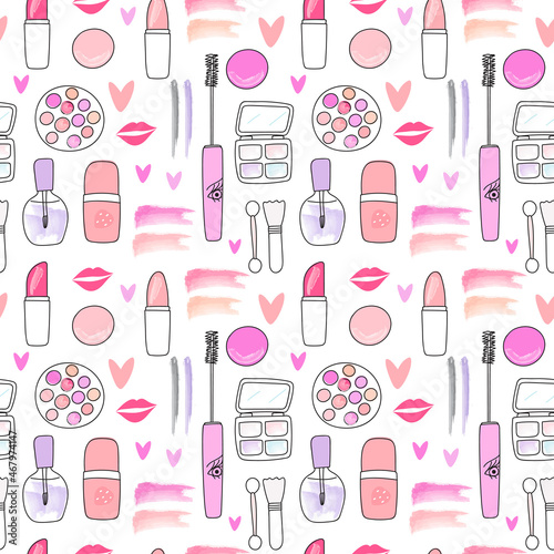 Make up and beauty seamless pattern for textile, fabric, wrapping paper, apparel
