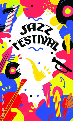 Jazz Festival  music event and fair banner design with vintage colors. Crazy colorful poster for promo in social media