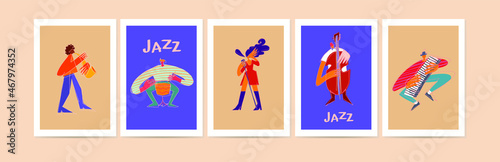Set of jazz band people playing diverse music instruments and singer. Musical poster illustration collection. Includes drum, saxophone, trumpet, piano player