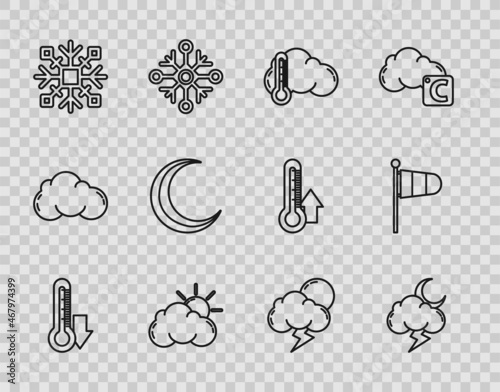 Set line Thermometer, Storm, and cloud, Sun weather, Snowflake, Moon stars, and Cone meteorology windsock wind vane icon. Vector