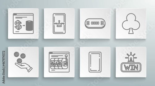 Set line Hand holding casino chips, Joker playing card, Online slot machine, Playing back, Casino win, Poker table, with clubs symbol and exchange on stacks of dollars icon. Vector