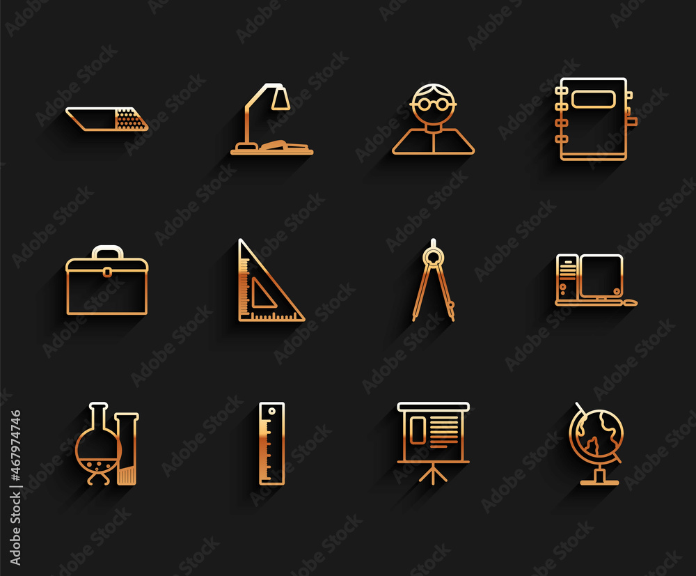 Set line Test tube and flask chemical laboratory test, schedule, chart, diagram, infographic, pie graph, Earth globe, Triangular ruler, Computer monitor keyboard mouse and Drawing compass icon. Vector Set line Test tube and flask chemical laboratory test, schedule, chart, diagram, infographic, pie graph, Earth globe, Triangular ruler, Computer monitor keyboard mouse and Drawing compass icon. Vector