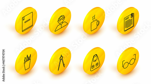 Set line Glasses, School backpack, Drawing compass, Pencil case stationery, File document and paper clip, Coffee cup, Student and Notebook icon. Vector