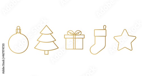 golden christmas elements: baubble, tree, gift, sock and star- vector illustration photo