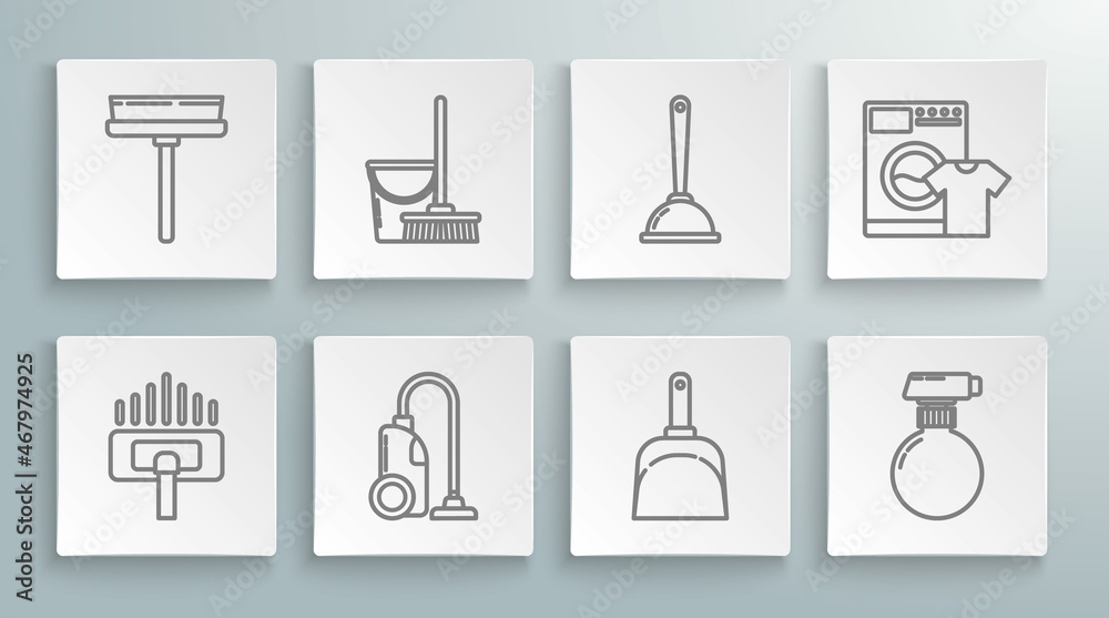 Set line Vacuum cleaner, Mop and bucket, Dustpan, Toilet plunger, Washer t-shirt and Squeegee, scraper, wiper icon. Vector Set line Vacuum cleaner, Mop and bucket, Dustpan, Toilet plunger, Washer t-shirt and Squeegee, scraper, wiper icon. Vector