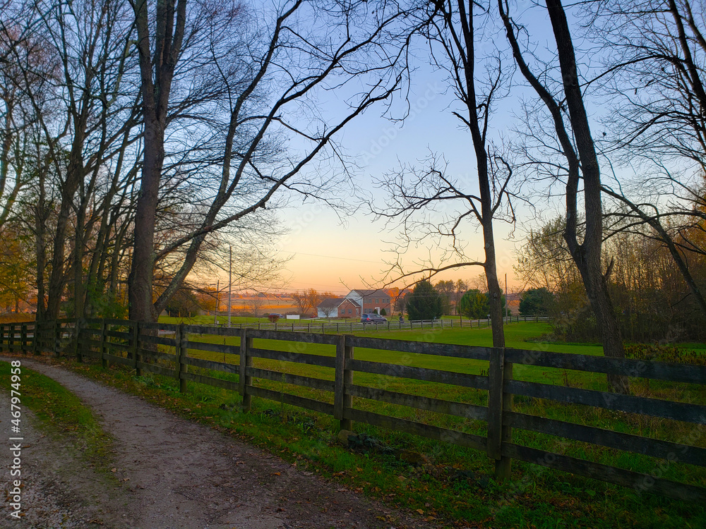 Rural Evening Scene in Autumn with Fences, Trees and Fields