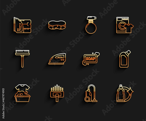 Set line Plastic basin with soap suds, Vacuum cleaner, Electric iron and towel, bottles for liquid dishwashing liquid, and Bar of foam icon. Vector