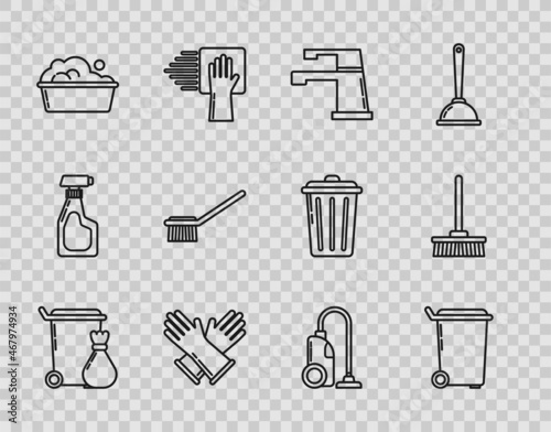 Set line Trash can, Water tap, Rubber gloves, Plastic basin with soap suds, Toilet brush, Vacuum cleaner and Mop icon. Vector