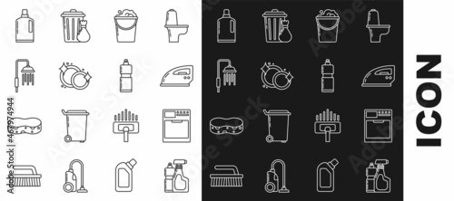Set line Plastic bottles for liquid dishwashing liquid, Washer, Electric iron, Bucket with foam and bubbles, Washing dishes, Shower head water drops flowing, and icon. Vector