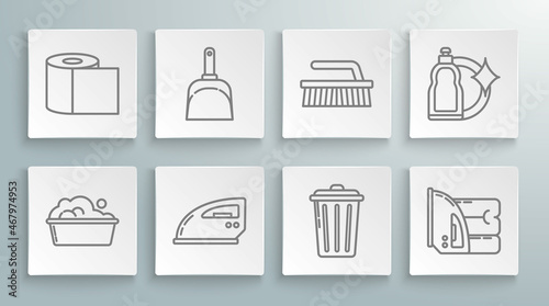 Set line Plastic basin with soap suds, Dustpan, Electric iron, Trash can, and towel, Brush for cleaning, bottles liquid dishwashing liquid and Toilet paper roll icon. Vector