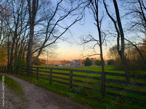 Rural Evening Scene in Autumn with Fences, Trees and Fields