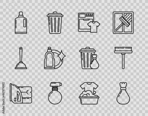 Set line Electric iron and towel, Garbage bag, Washer t-shirt, Plastic bottles for liquid dishwashing liquid, basin with soap suds and Squeegee, scraper, wiper icon. Vector