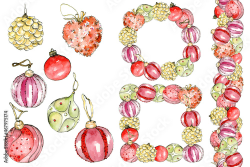 Big watercolor elegant christmas collection from christmas toys (decorative balls (red, pink, gold, green and brown heart). New year toys and boders isolated on white background. Aesthetic decoration